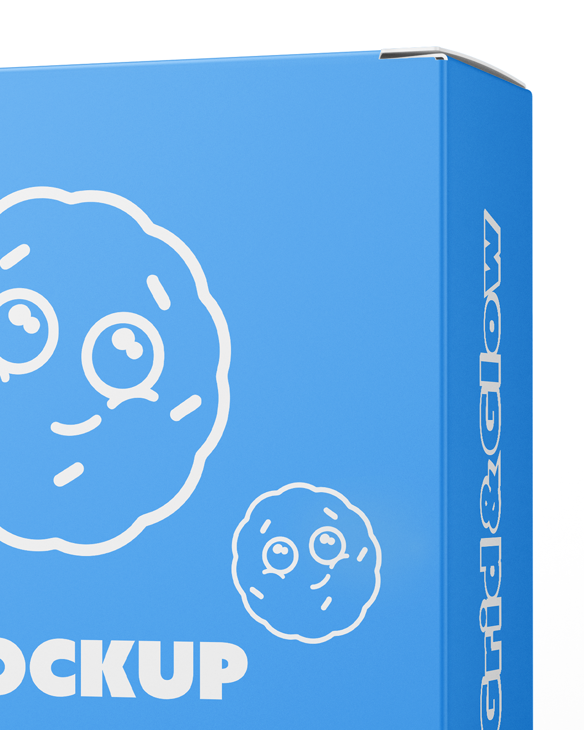 Blue box with white illustrations and text on a white background