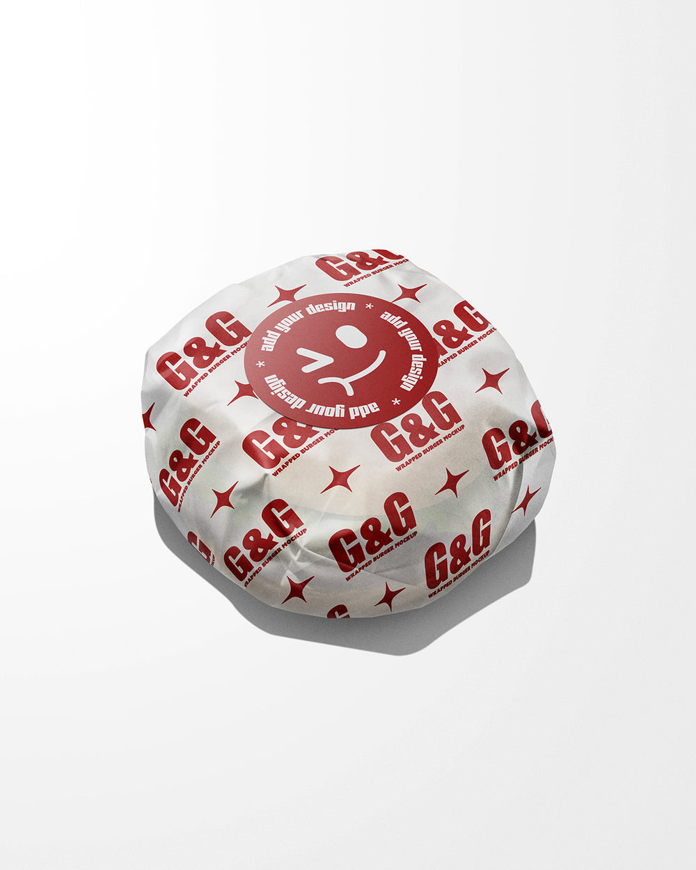 Wrapped Burger Mockup in white paper with red text and logos on a white background