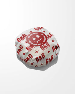 Wrapped Burger Mockup in white paper with red text and logos on a white background