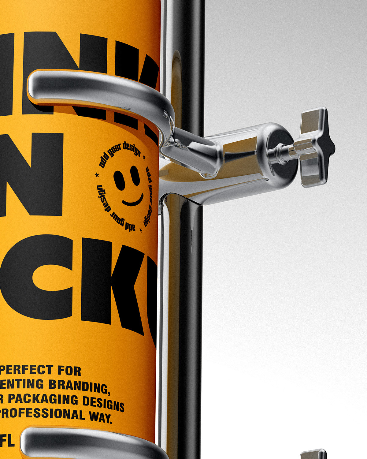 Drink can mockup 12oz 355ml in gold mounted on metal holder MACRO
