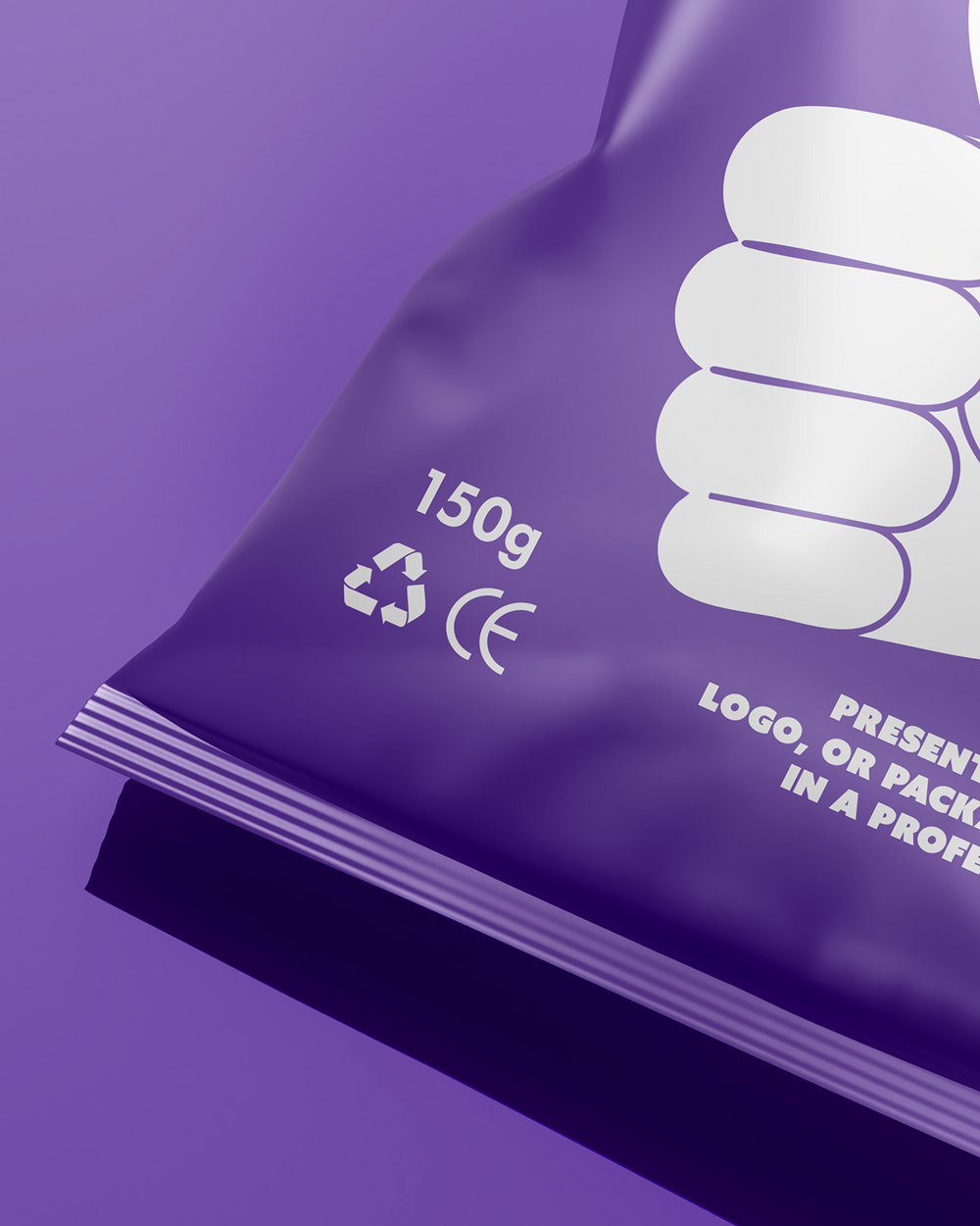 Purple packaging with recycling symbols and weight indication on a purple background