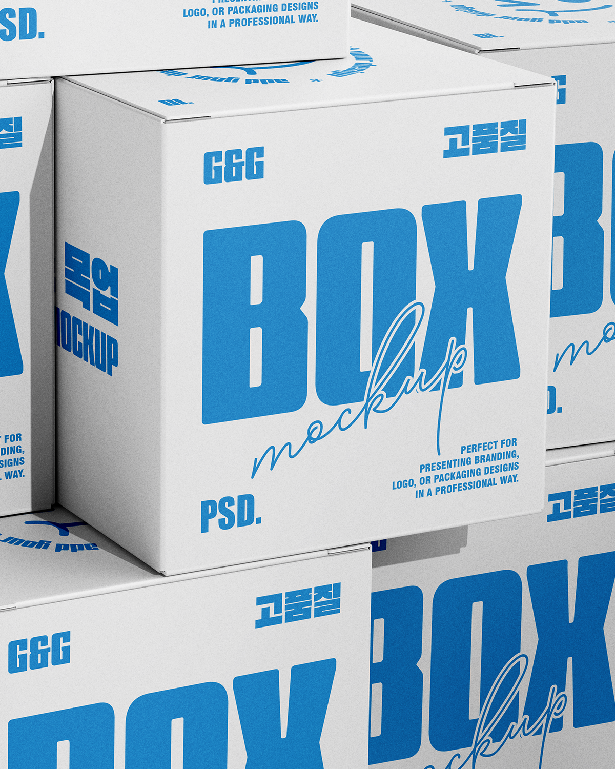 Box mockup with blue and white text on a white background