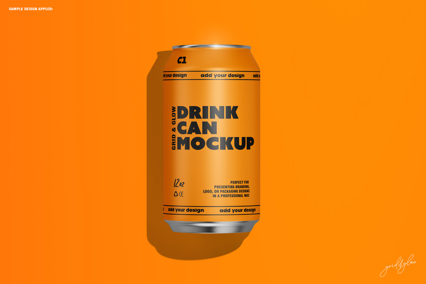 Single 12oz Drink Can Mockup on Orange Background – Editable PSD Template for Beverage Packaging and Branding