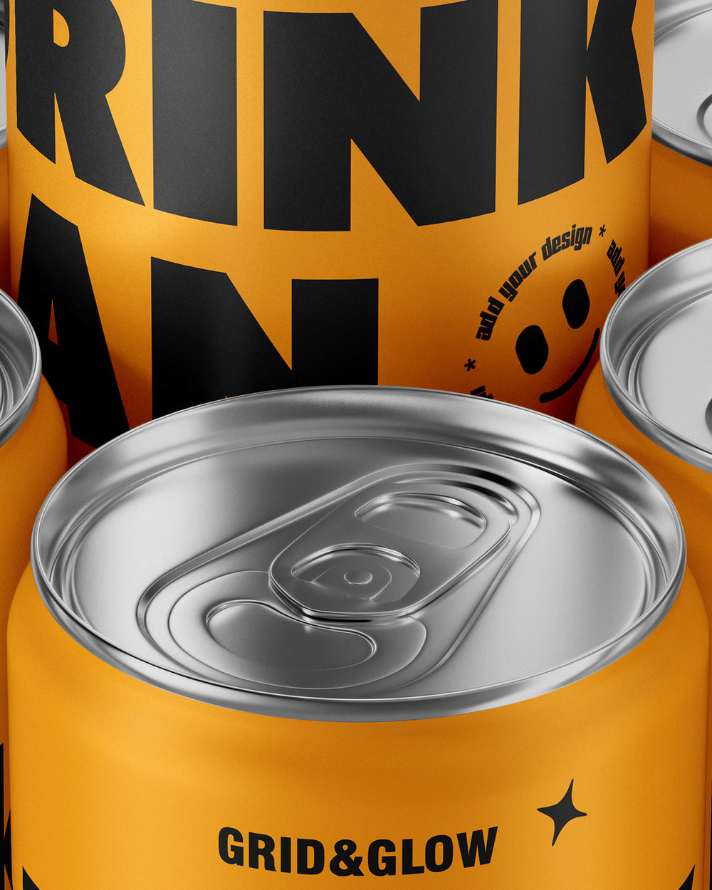 Drink Can Mockup featuring stacked 12oz cans with customizable labels and vibrant orange design.