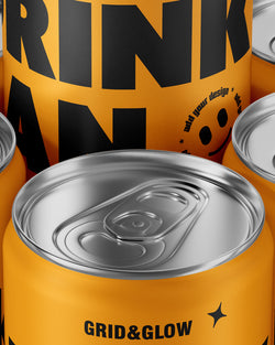 Drink Can Mockup featuring stacked 12oz cans with customizable labels and vibrant orange design.