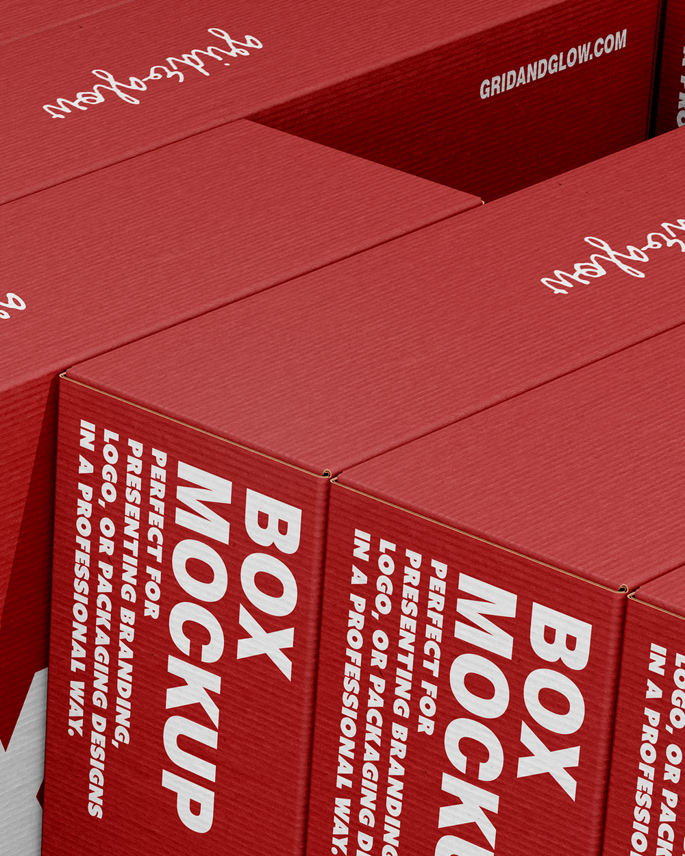 Red boxes mockup with 'Box Mockup' text on a white background