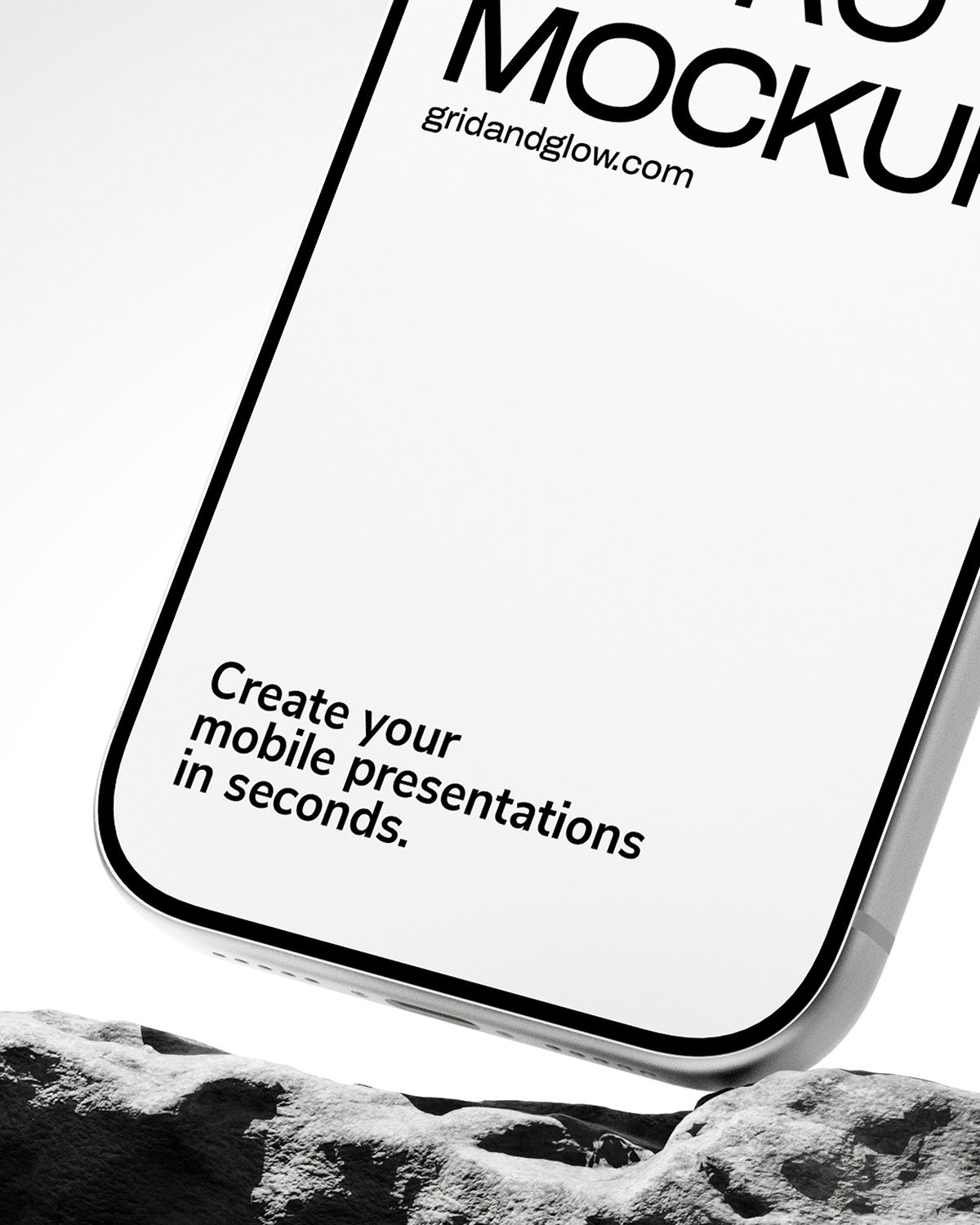Phone screen with text 'Create your mobile presentations in seconds' on a white background