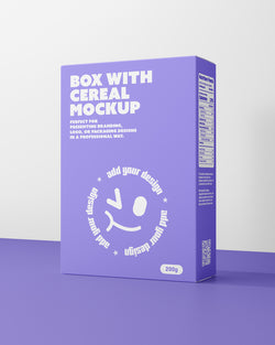 Purple cereal box mockup with smiley face design on a white background
