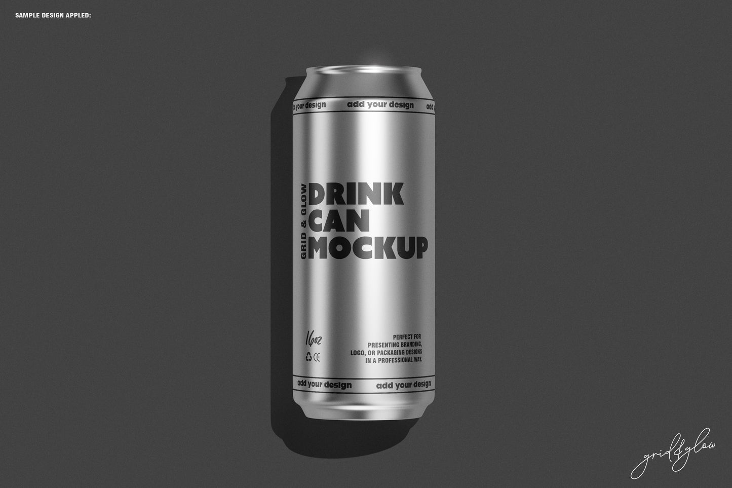 Single standing silver 16oz can mockup with shadow and centered design layout.