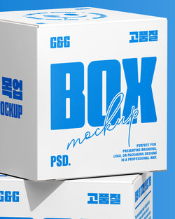 Paper box mockup with three stacked boxes in white and blue on blue background