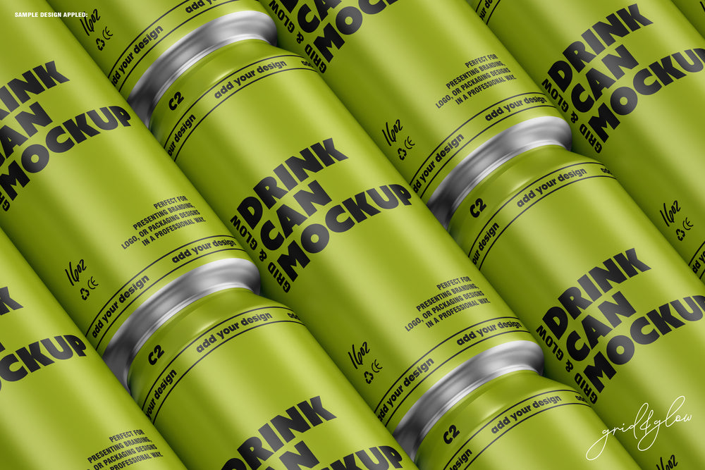 Grid Layout of Green 16oz Drink Can Mockups – Repeating PSD Scene for Branding, Packaging, and Label Design by Grid & Glow