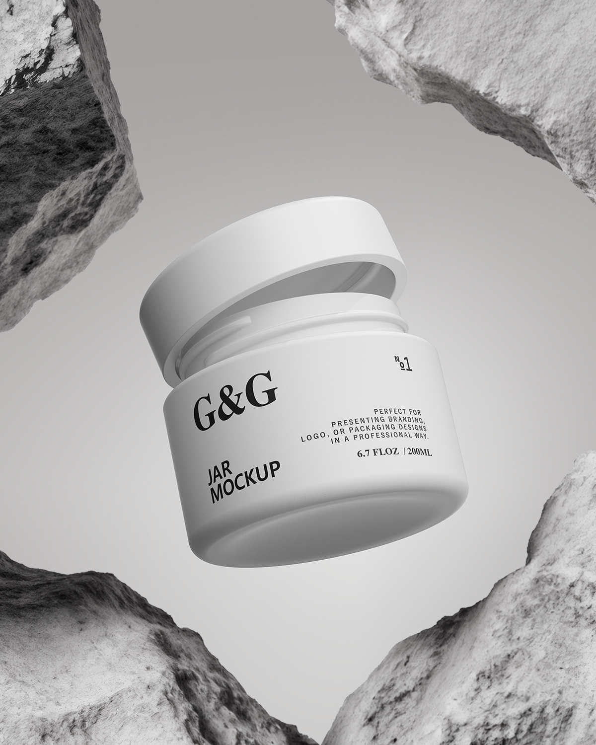 G&G jar mockup against a rocky background