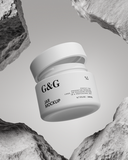 G&G jar mockup against a rocky background