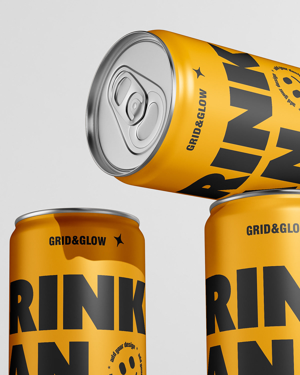 Drink can mockup 12oz 355ml with multiple cans in gold on orange background