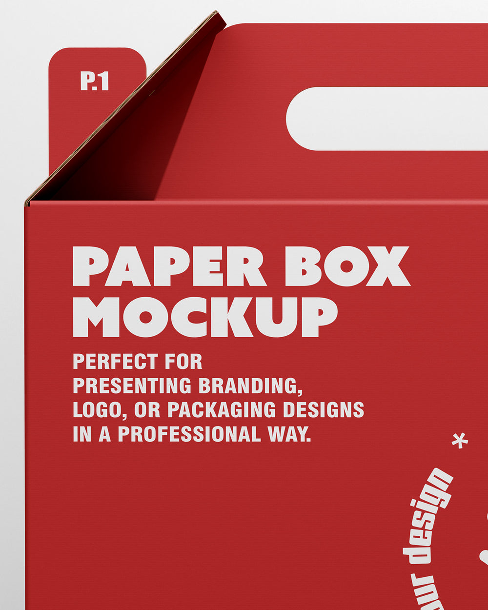 Red paper box mockup with text on a white background