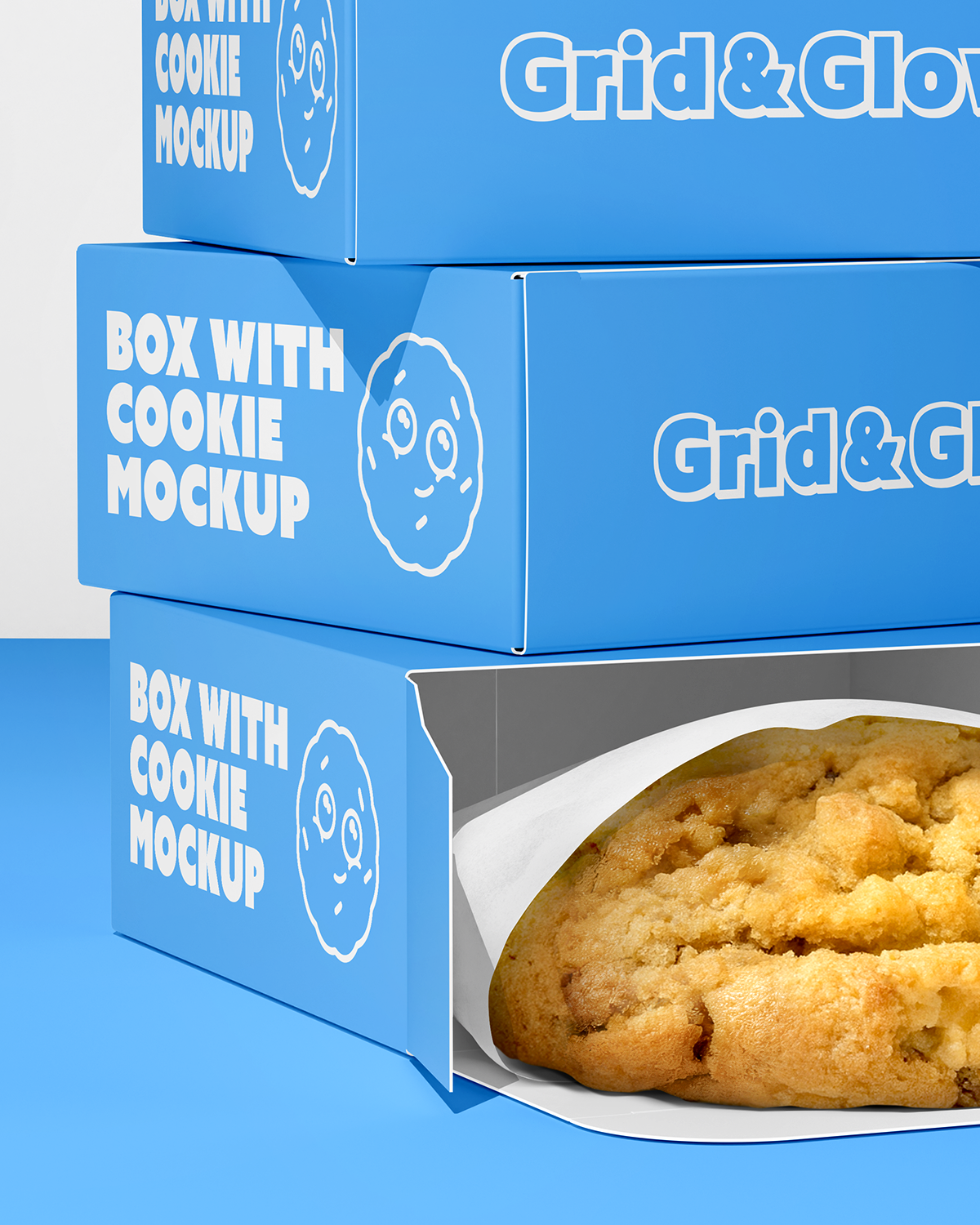 Blue box with cookie mockup featuring 'Grid & Glow' branding