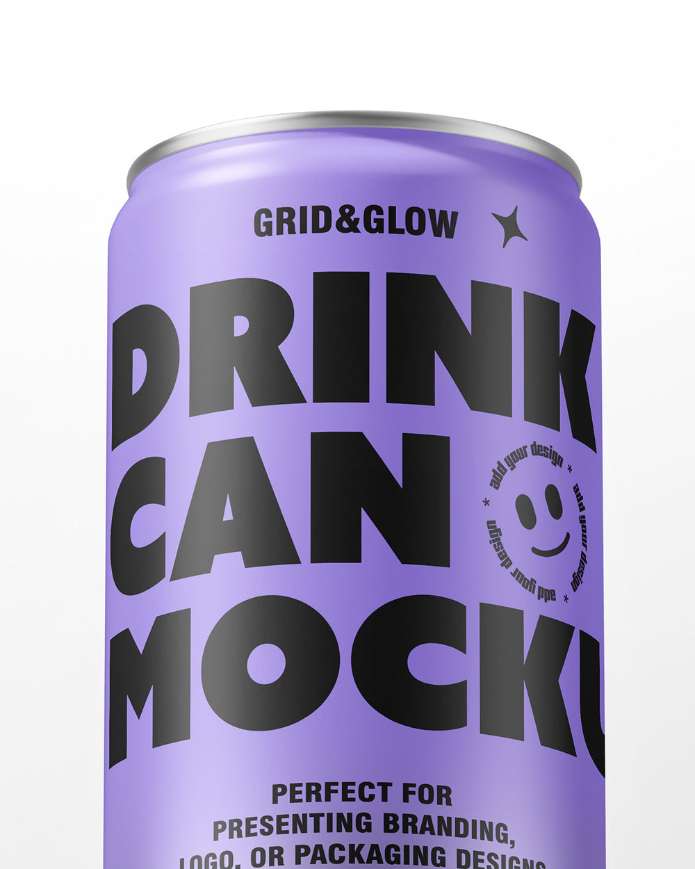 Purple Sleek Can Mockup with 'Grid & Glow' branding on a white background