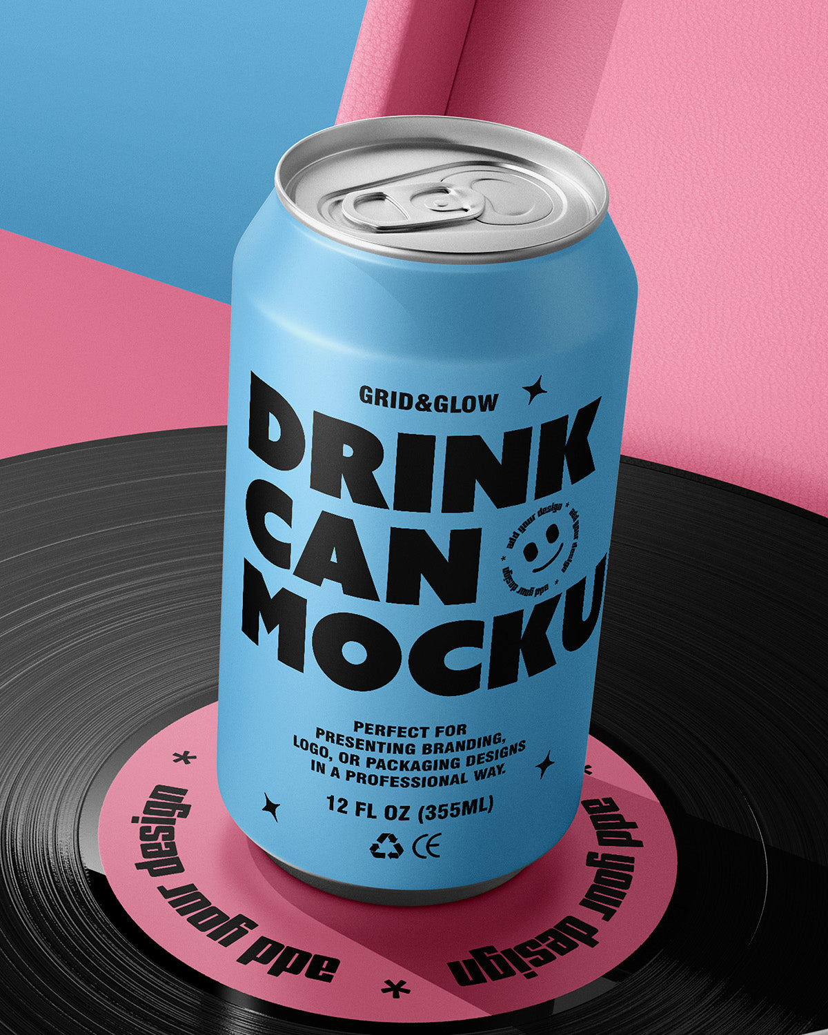 Blue drink can mockup with black text on a colorful background