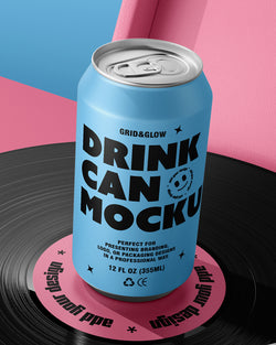 Blue drink can mockup with black text on a colorful background