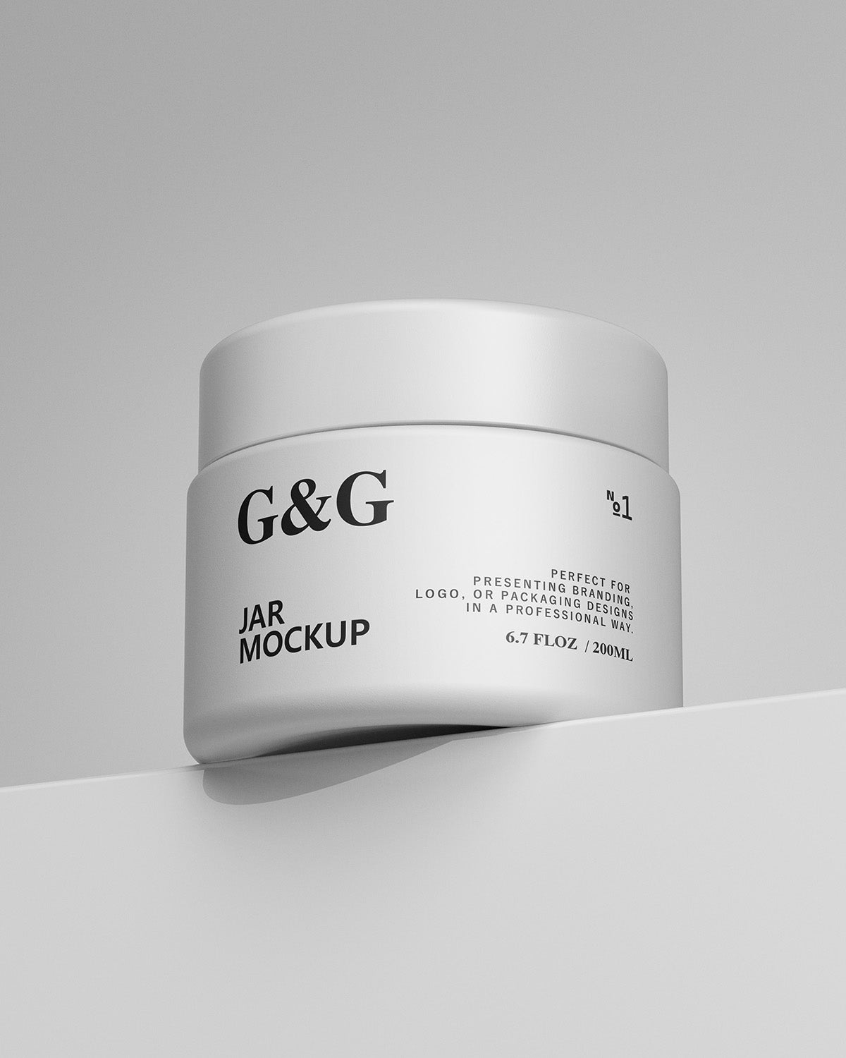 White jar with 'G&G' branding on a gray background Mockup
