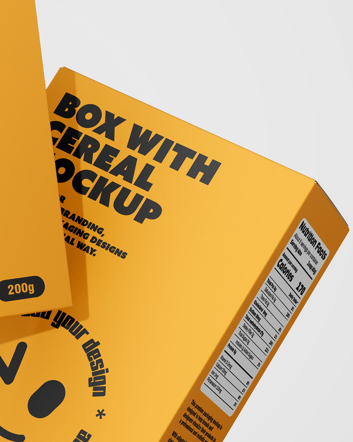 Yellow cereal box mockup with text and branding elements on a light gray background