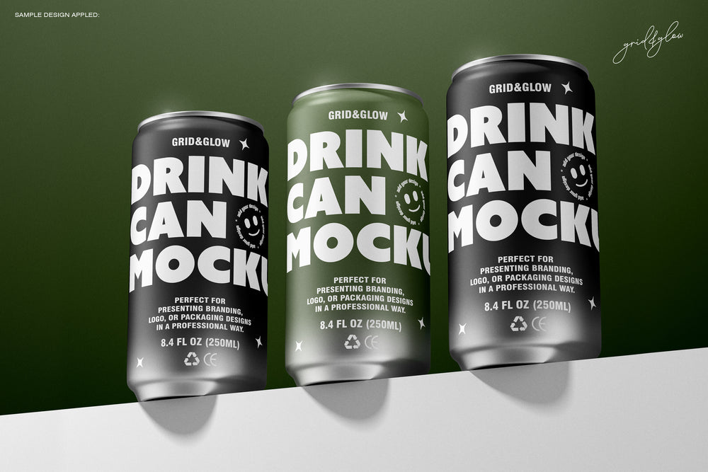 Set of Three 8.4oz Drink Can Mockups – 250ml PSD Templates for Beverage Branding and Packaging – Grid & Glow Minimal Can Design on Green Background