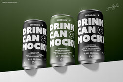 Set of Three 8.4oz Drink Can Mockups – 250ml PSD Templates for Beverage Branding and Packaging – Grid & Glow Minimal Can Design on Green Background