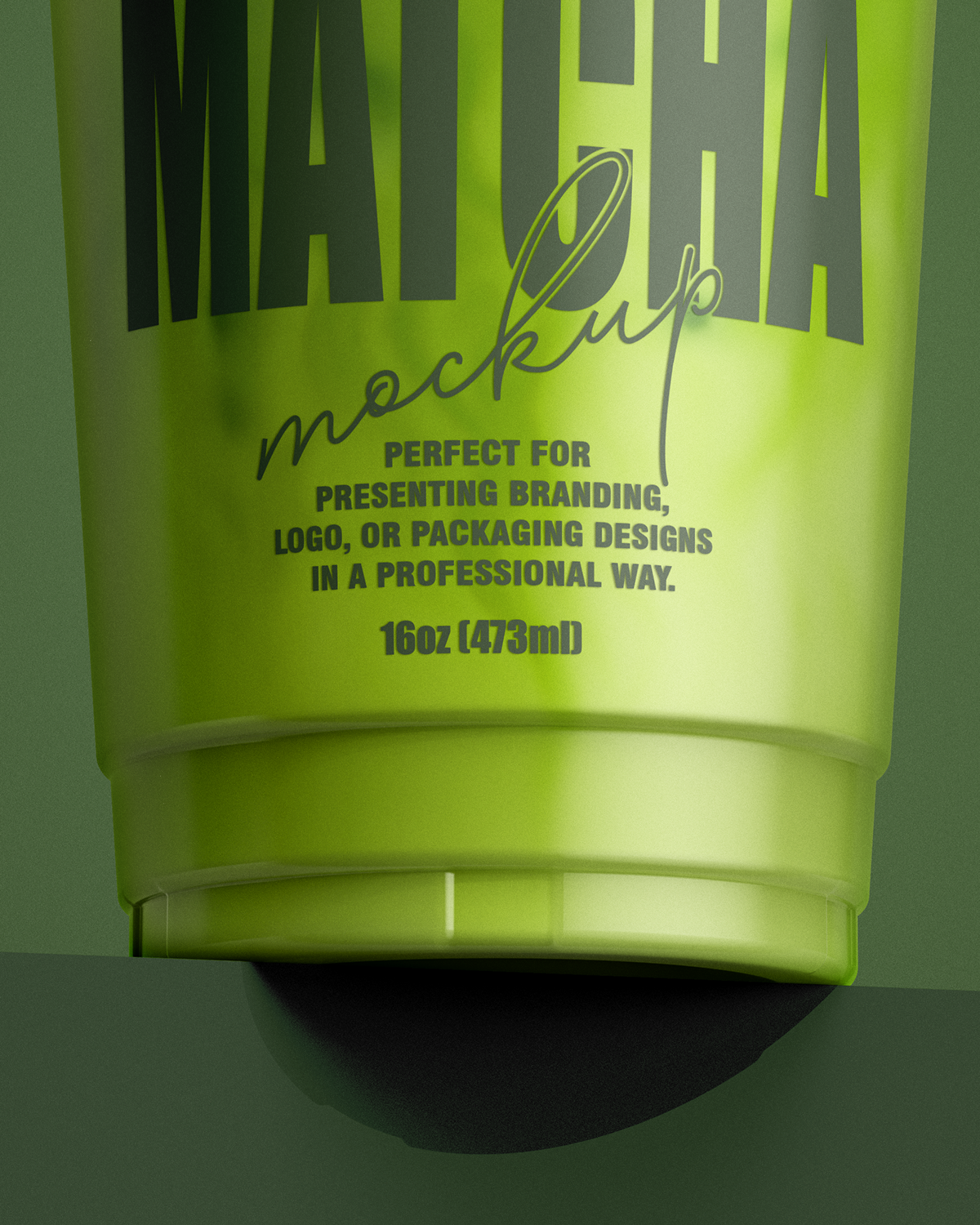Green matcha mockup container with text on a green background