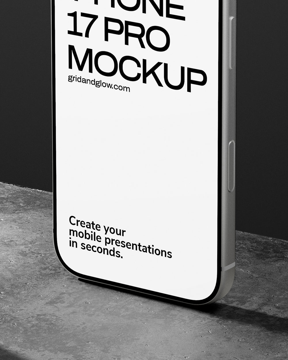 Phone 17 Pro mockup with text on a black background