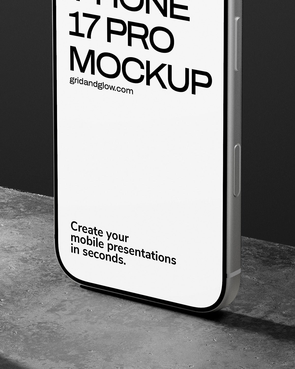 Phone 17 Pro mockup with text on a black background