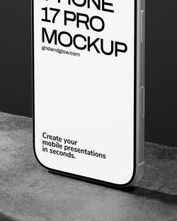 Phone 17 Pro mockup with text on a black background