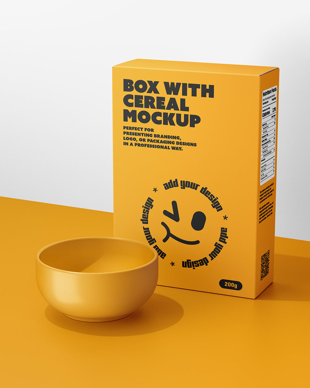Yellow cereal box mockup with a bowl on a matching yellow surface