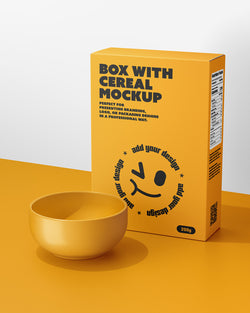 Yellow cereal box mockup with a bowl on a matching yellow surface