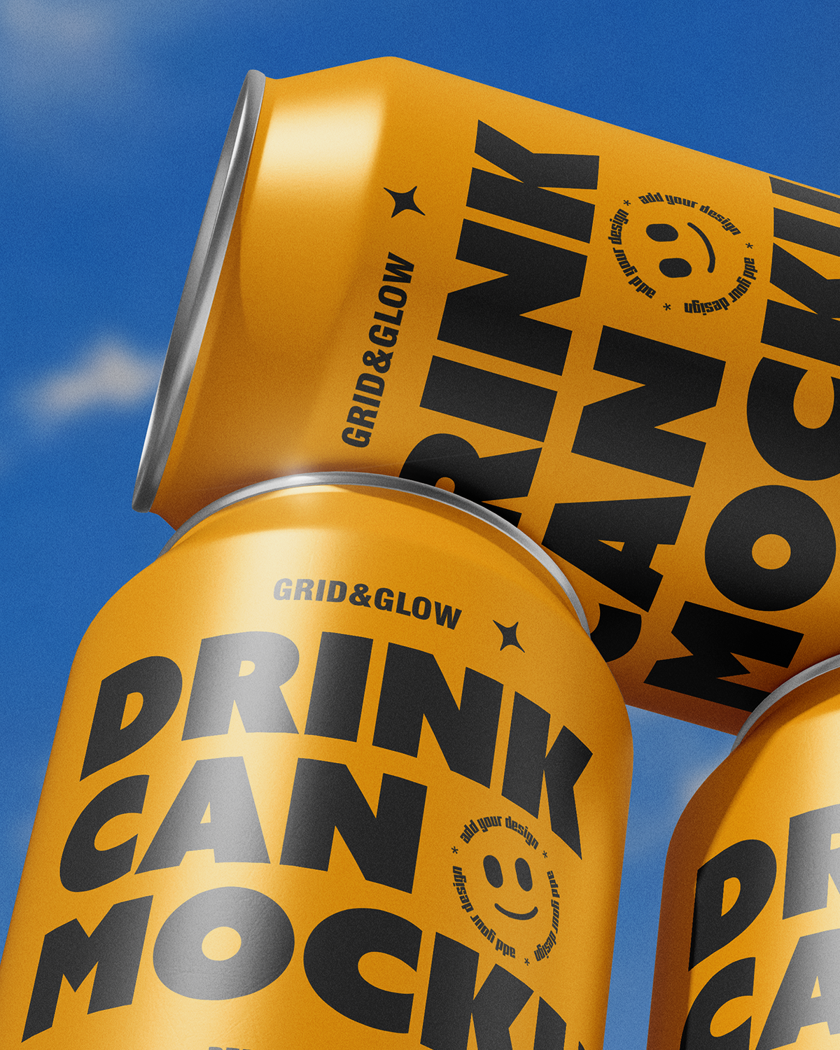 Three yellow cans labeled 'Drink Can Mockup' with a blue sky background