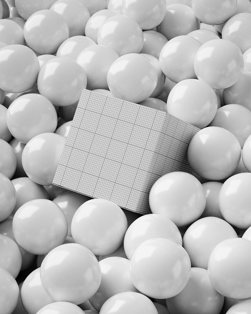 Grid-patterned tile surrounded by white spheres