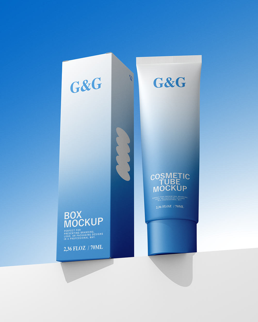 G&G cosmetic tube and box mockup on a blue gradient background
