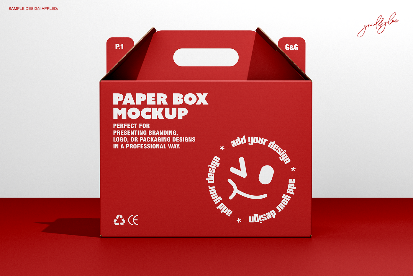 Box with handle mockup showing gable top design with die-cut carry handles on red background front view