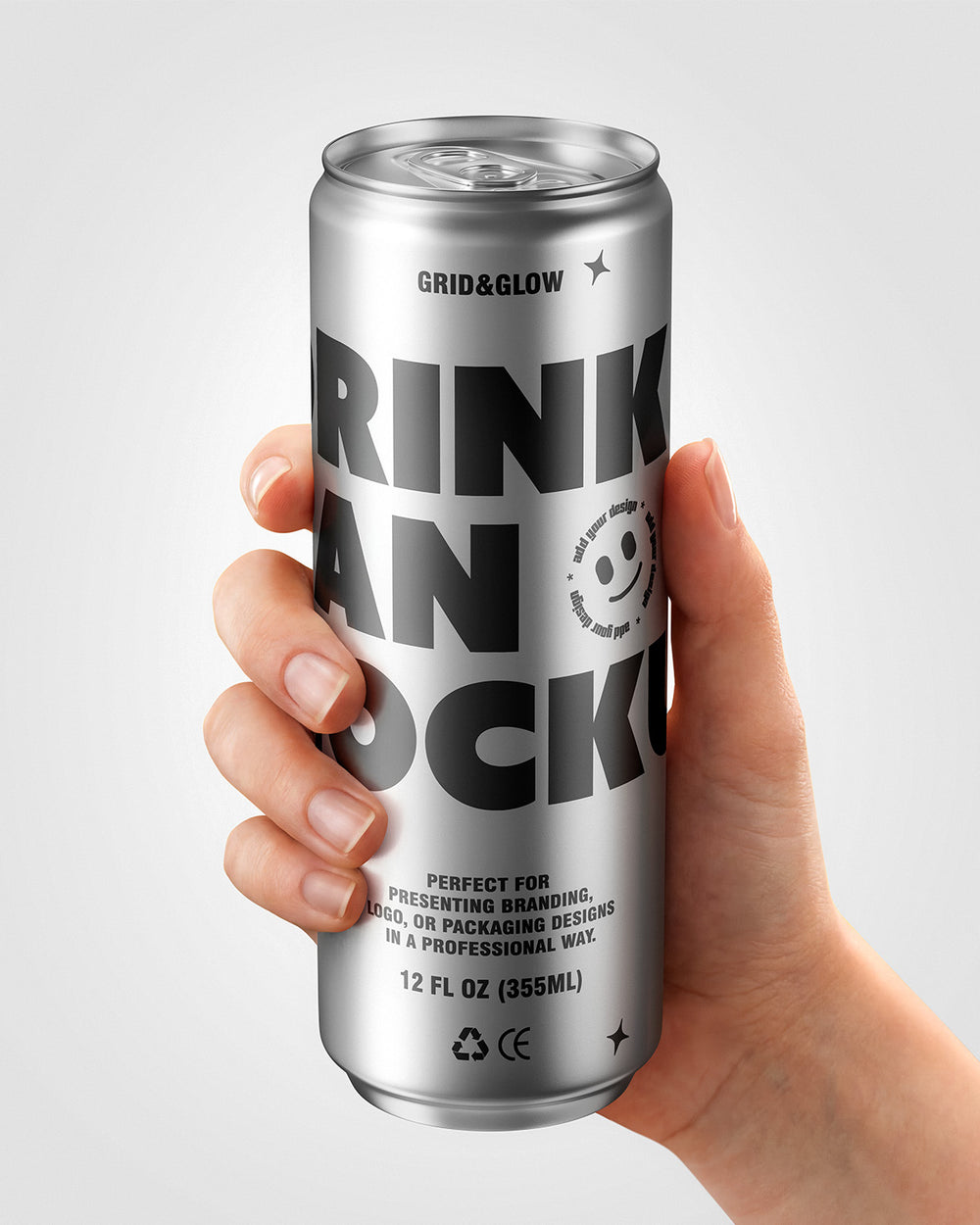 Drink can mockup 12oz 355ml in silver held in hand on gray background