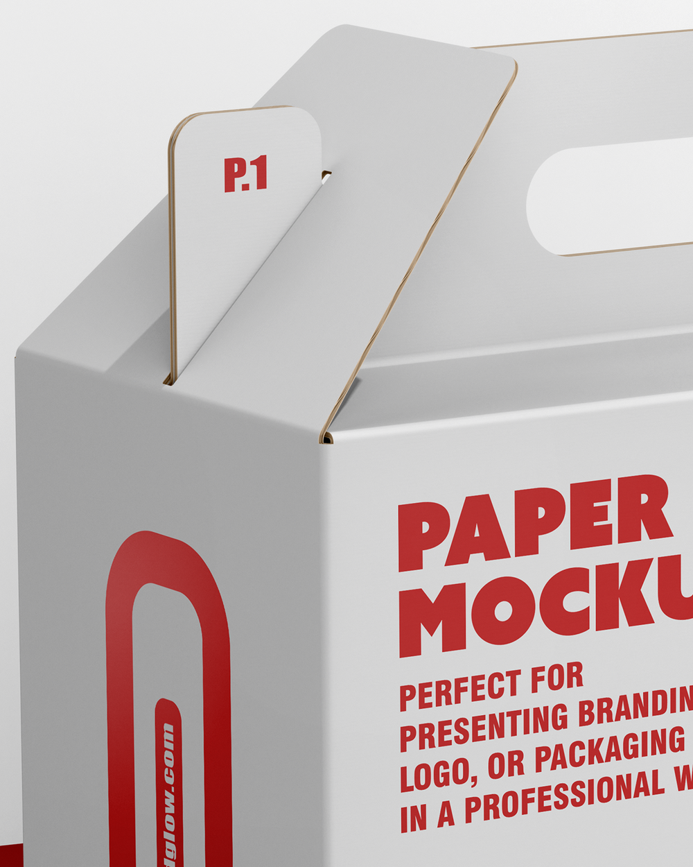 White paper mockup box with red text on a white background