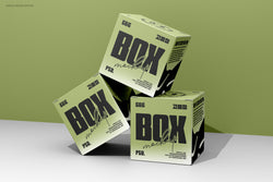 Front-facing stacked square boxes with soft shadows and olive green tones, ideal for branding showcases.