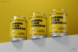 Drink Can Mockup – Three 200ml Cans Aligned on Yellow Surface