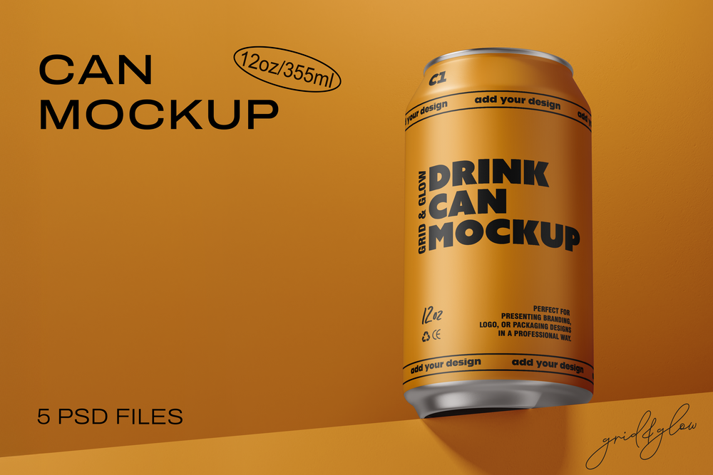 Drink Can Mockup – 12oz / 355ml Can in Angled Front View on Orange Background