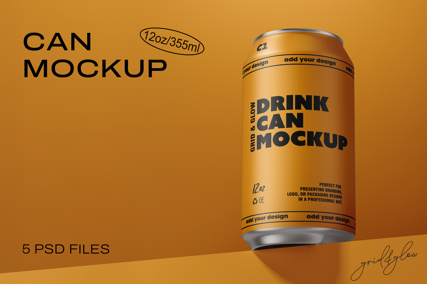 Drink Can Mockup – 12oz / 355ml Can in Angled Front View on Orange Background