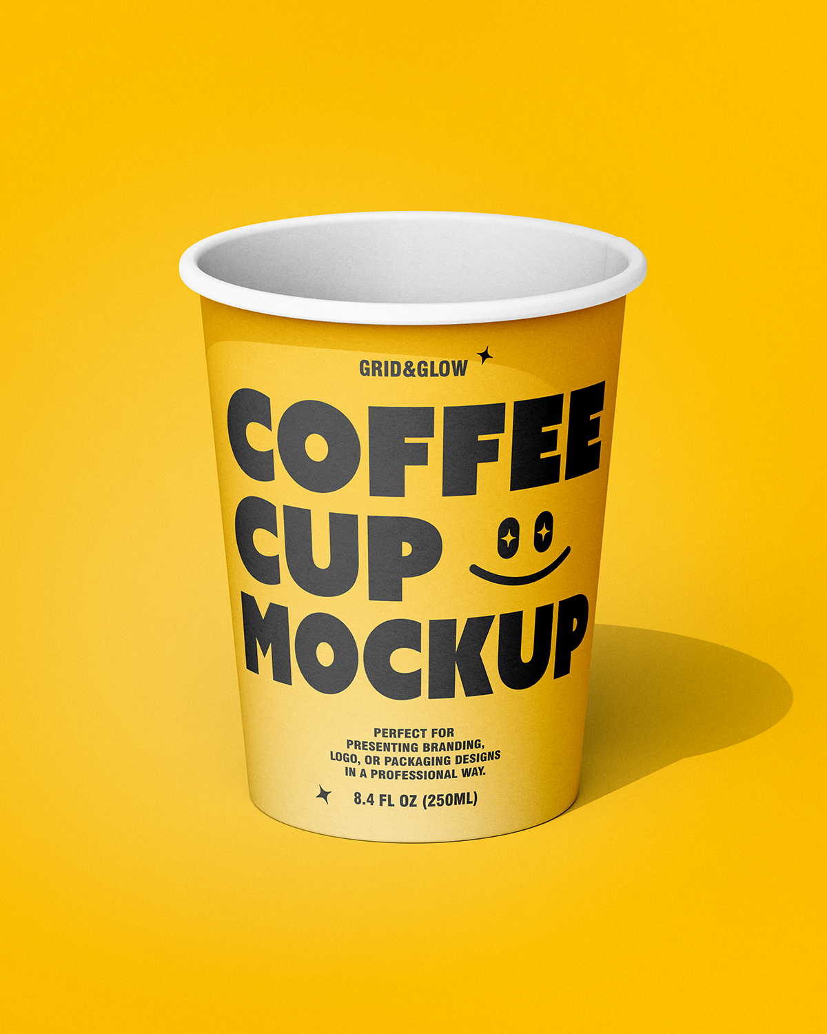 Paper Coffee Cup Mockup on a yellow background