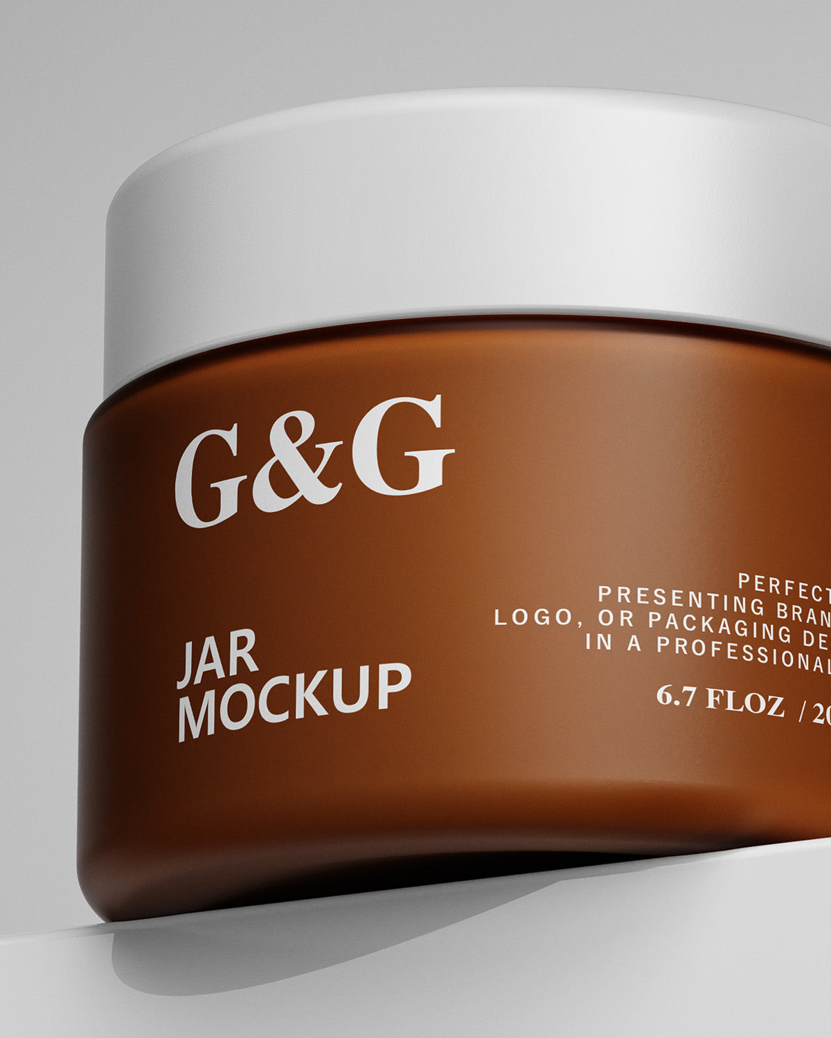 Brown jar with white lid labeled 'G&G' on a gray background Mockup