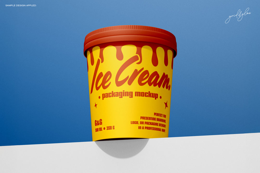 Floating 12oz ice cream cup mockup placed near the edge of a surface with shadow and vibrant background.