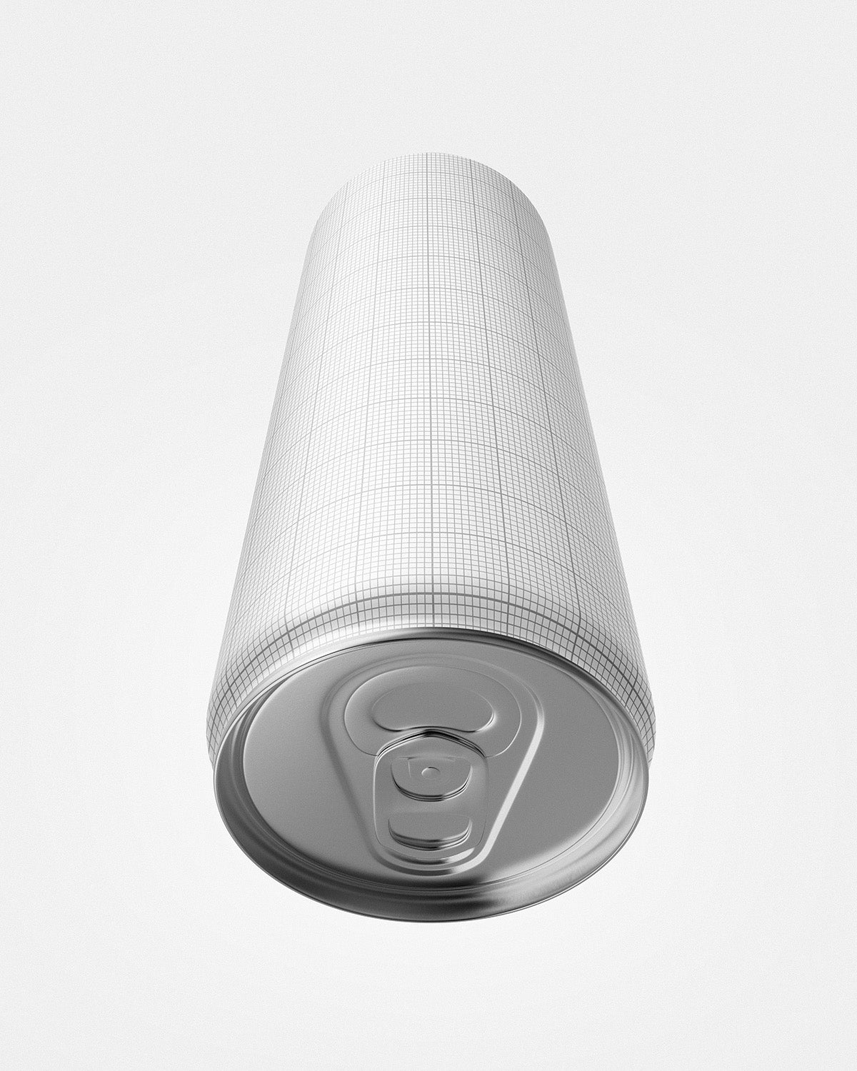 Drink can mockup 12oz 355ml in silver color with top angled view showing pull-tab grid