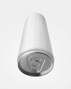 Drink can mockup 12oz 355ml in silver color with top angled view showing pull-tab grid