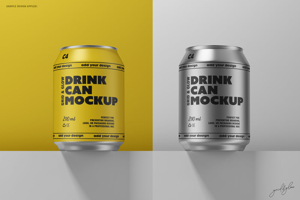 Drink Can Mockup – Split-Color Scene with Yellow and Silver Can Variants