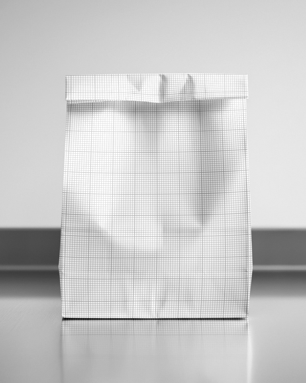 Paper bag mockup in red with front view and glossy surface reflection Grid Scene